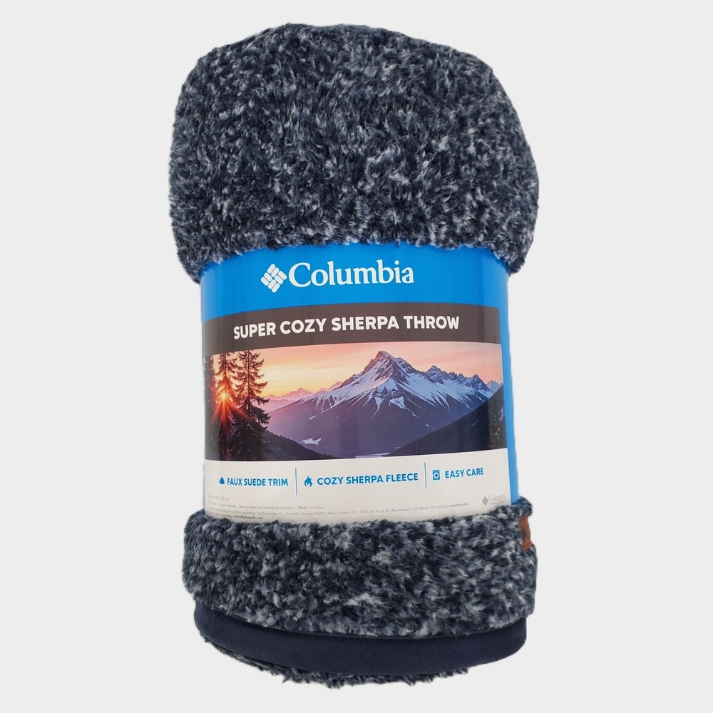 Columbia Super Cozy Sherpa Throw Blanket Navy Blue Faux Suede Trim 50x60 New
